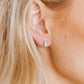 LINNY CO Madison Silver Clear screwback stud earrings for kids & little girls — hypoallergenic, waterproof stainless steel with secure screwback backs, shown on model.