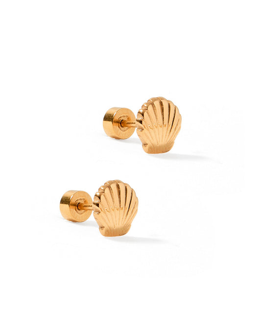 LINNY CO Marina Shell screwback stud earrings for kids & little girls — hypoallergenic, waterproof stainless steel with secure screwback backs, side angle.