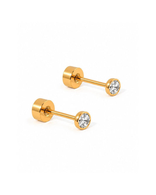 LINNY CO Micro Cooper Clear Gold 2mm screwback stud earrings for kids & little girls — hypoallergenic, waterproof stainless steel with secure screwback backs, side angle.