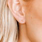 LINNY CO Micro Helen Gold screwback stud earrings for kids & little girls — hypoallergenic, waterproof stainless steel with secure screwback backs, shown on model.