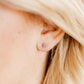 LINNY CO Micro Tally Silver screwback stud earrings for kids & little girls — hypoallergenic, waterproof stainless steel with secure screwback backs, shown on model.