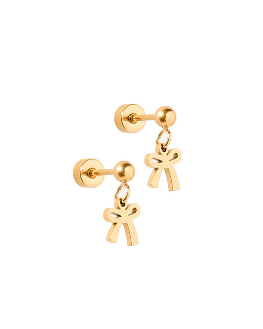 LINNY CO Millie Bow screwback stud earrings for kids & little girls — hypoallergenic, waterproof stainless steel with secure screwback backs, side angle.