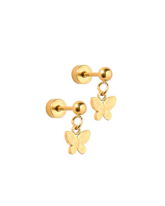 LINNY CO Millie Butterfly screwback stud earrings for kids & little girls — hypoallergenic, waterproof stainless steel with secure screwback backs, side angle.