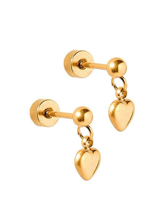 LINNY CO Millie Heart Gold screwback stud earrings for kids & little girls — hypoallergenic, waterproof stainless steel with secure screwback backs, side angle.