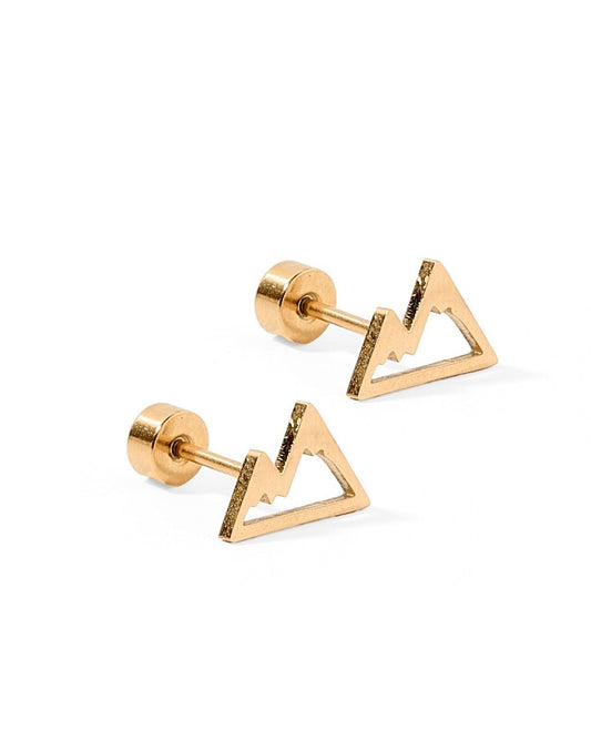 LINNY CO Mountain - Gold screwback stud earrings for kids & little girls — hypoallergenic, waterproof stainless steel with secure screwback backs, side angle.