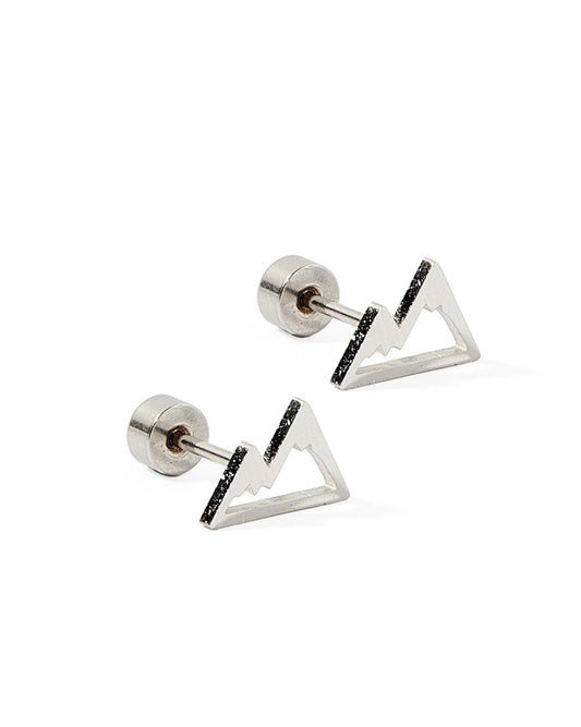 LINNY CO Mountain - Silver screwback stud earrings for kids & little girls — hypoallergenic, waterproof stainless steel with secure screwback backs, side angle.