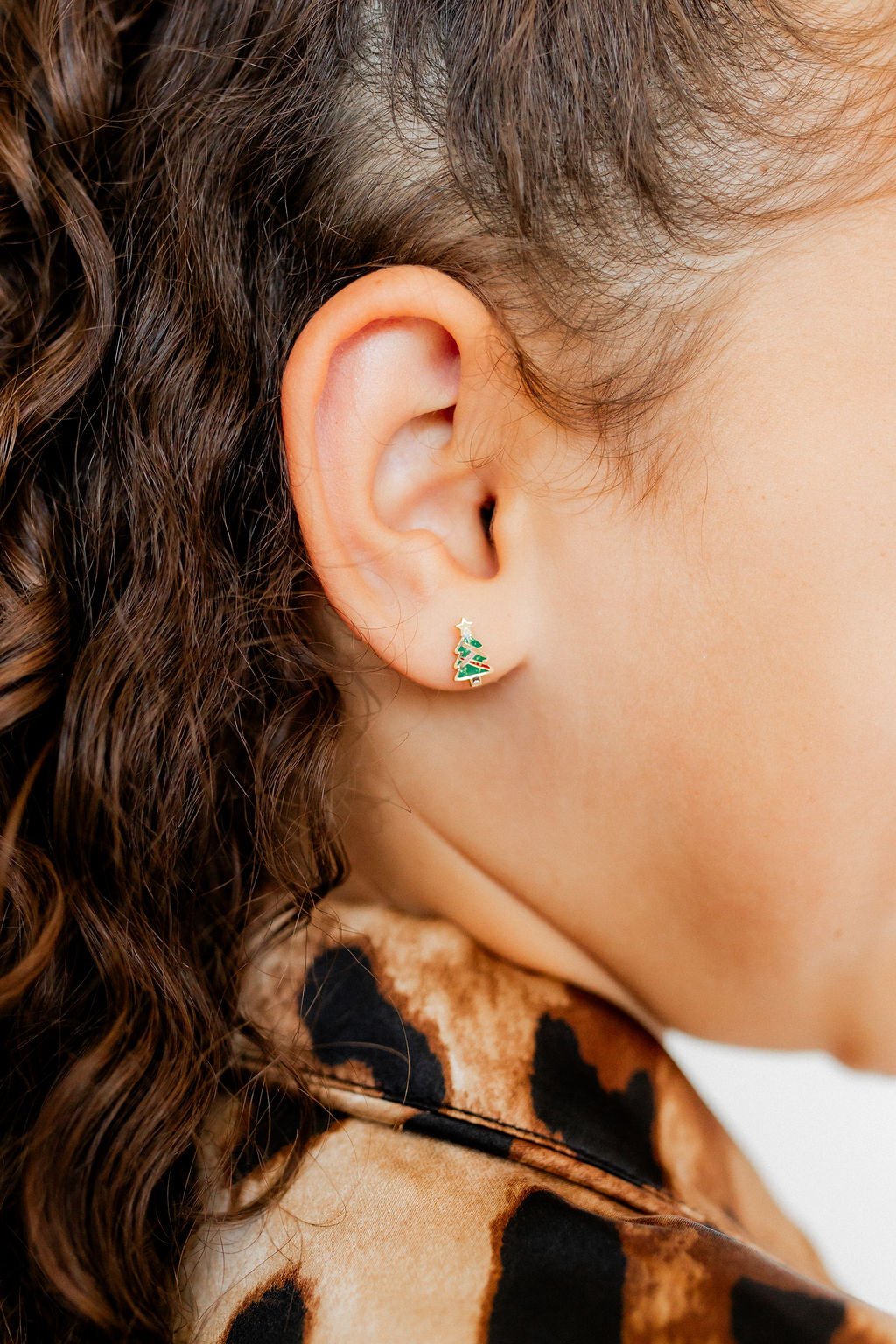 LINNY CO Noelle screwback stud earrings for kids & little girls — hypoallergenic, waterproof stainless steel with secure screwback backs, shown on model.