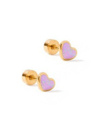 LINNY CO Nora Heart Purple screwback stud earrings for kids & little girls — hypoallergenic, waterproof stainless steel with secure screwback backs, side angle.