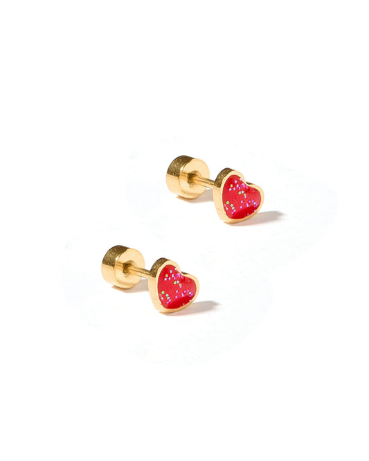 LINNY CO Nora Heart Red screwback stud earrings for kids & little girls — hypoallergenic, waterproof stainless steel with secure screwback backs, side angle.