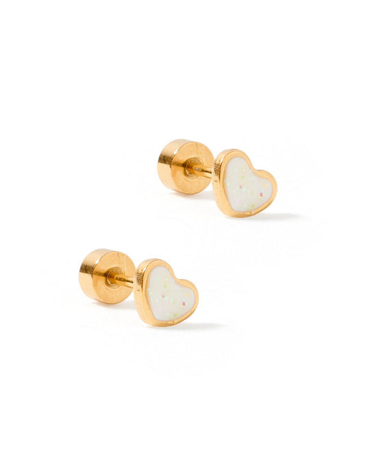 LINNY CO Nora Heart White Gold screwback stud earrings for kids & little girls — hypoallergenic, waterproof stainless steel with secure screwback backs, side angle.