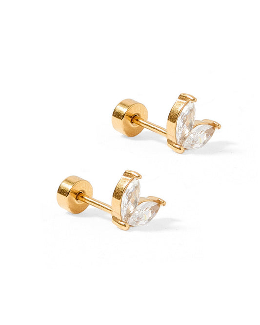 LINNY CO Nova Gold screwback stud earrings for kids & little girls — hypoallergenic, waterproof stainless steel with secure screwback backs, side angle.