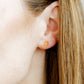 LINNY CO Orange Slice screwback stud earrings for kids & little girls — hypoallergenic, waterproof stainless steel with secure screwback backs, shown on model.