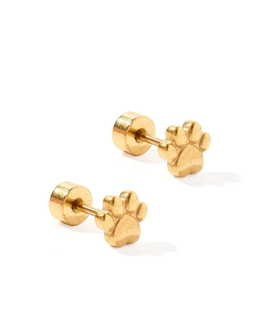 LINNY CO Paw Print Gold screwback stud earrings for kids & little girls — hypoallergenic, waterproof stainless steel with secure screwback backs, side angle.
