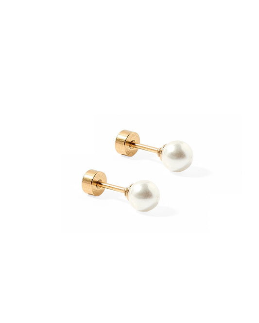 LINNY CO Payton Pearl White 5mm screwback stud earrings for kids & little girls — hypoallergenic, waterproof stainless steel with secure screwback backs, side angle.