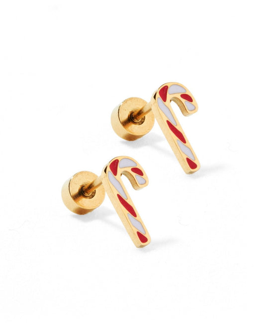 LINNY CO Peppermint Twist screwback stud earrings for kids & little girls — hypoallergenic, waterproof stainless steel with secure screwback backs, side angle.