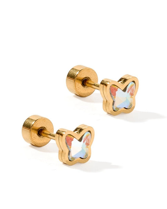 LINNY CO Polly Butterfly screwback stud earrings for kids & little girls — hypoallergenic, waterproof stainless steel with secure screwback backs, side angle.