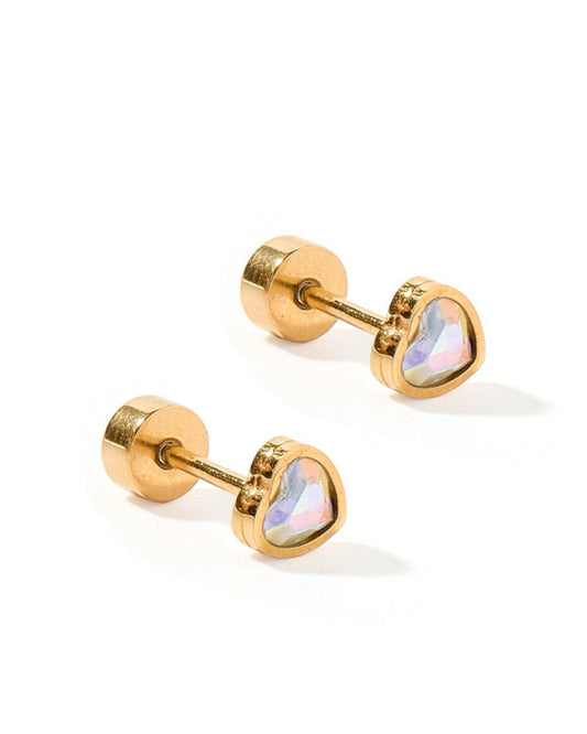 LINNY CO Polly Heart screwback stud earrings for kids & little girls — hypoallergenic, waterproof stainless steel with secure screwback backs, side angle.
