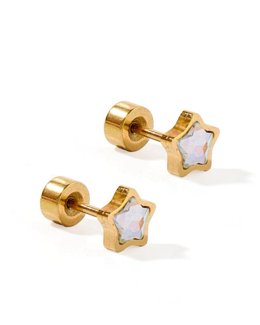 LINNY CO Polly Star screwback stud earrings for kids & little girls — hypoallergenic, waterproof stainless steel with secure screwback backs, side angle.