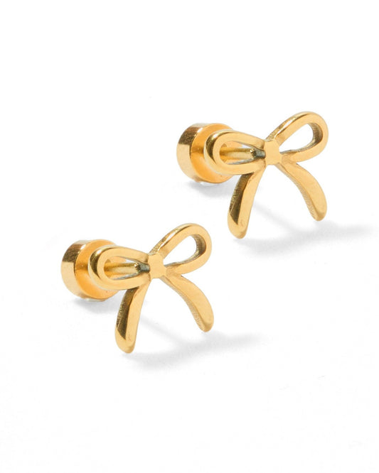 LINNY CO Sadie Bow Gold screwback stud earrings for kids & little girls — hypoallergenic, waterproof stainless steel with secure screwback backs, side angle.