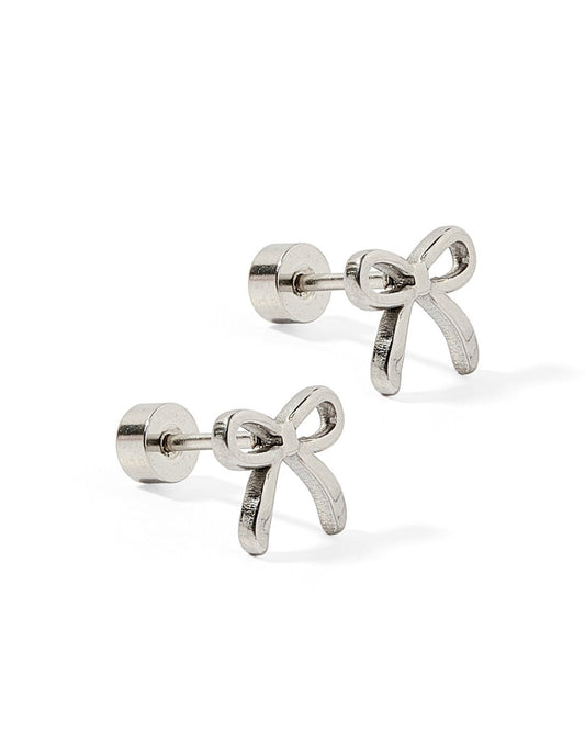 LINNY CO Sadie Bow Silver screwback stud earrings for kids & little girls — hypoallergenic, waterproof stainless steel with secure screwback backs, side angle.