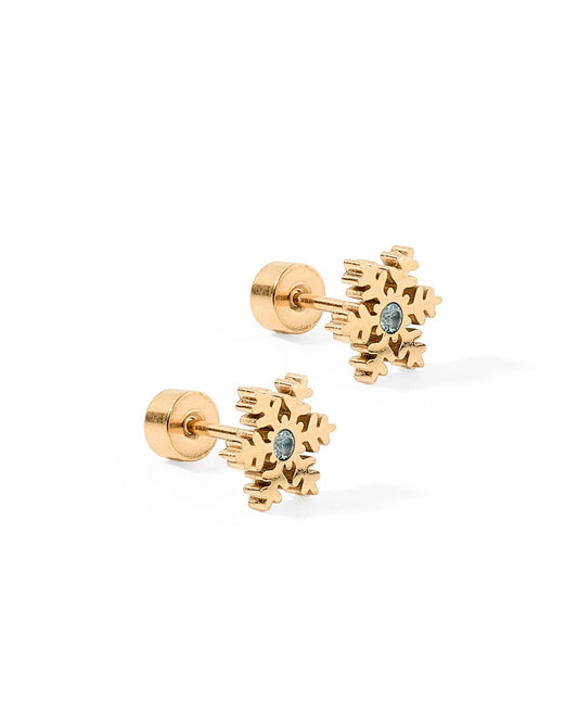 LINNY CO Snowflake Gold screwback stud earrings for kids & little girls — hypoallergenic, waterproof stainless steel with secure screwback backs, side angle.
