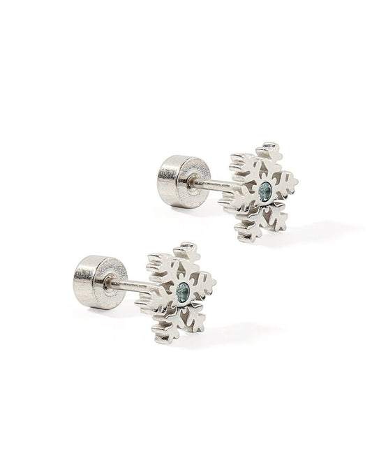LINNY CO Snowflake Silver screwback stud earrings for kids & little girls — hypoallergenic, waterproof stainless steel with secure screwback backs, side angle.