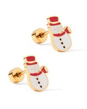 LINNY CO Snowman screwback stud earrings for kids & little girls — hypoallergenic, waterproof stainless steel with secure screwback backs, side angle.