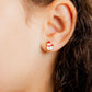 LINNY CO Snowman screwback stud earrings for kids & little girls — hypoallergenic, waterproof stainless steel with secure screwback backs, shown on model.