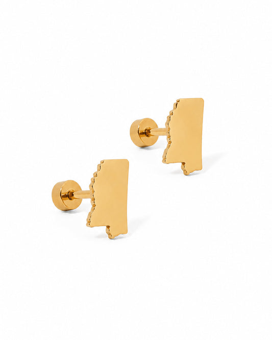 LINNY CO State of Mississippi Gold screwback stud earrings for kids & little girls — hypoallergenic, waterproof stainless steel with secure screwback backs, side angle.
