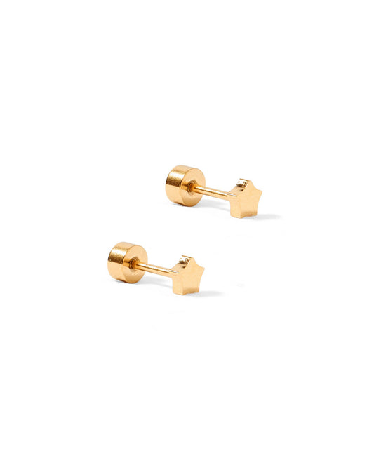 LINNY CO Stella Star screwback stud earrings — hypoallergenic, waterproof stainless steel, side angle.