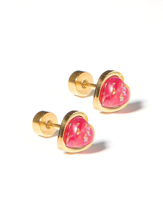 LINNY CO Tara Hot Pink screwback stud earrings for kids & little girls — hypoallergenic, waterproof stainless steel with secure screwback backs, side angle.