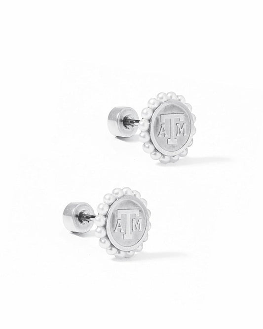 LINNY CO Texas A&M Alice Logo Silver screwback stud earrings for kids & little girls — hypoallergenic, waterproof stainless steel with secure screwback backs, side angle.
