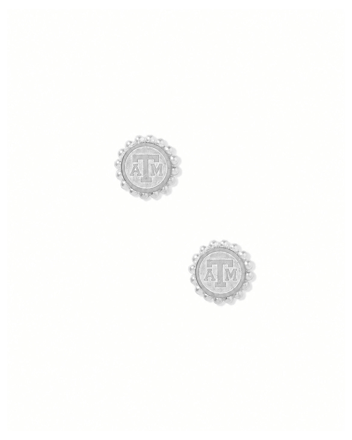 LINNY CO Texas A&M Alice Logo Silver screwback stud earrings for kids & little girls — hypoallergenic, waterproof stainless steel with secure screwback backs, front view.