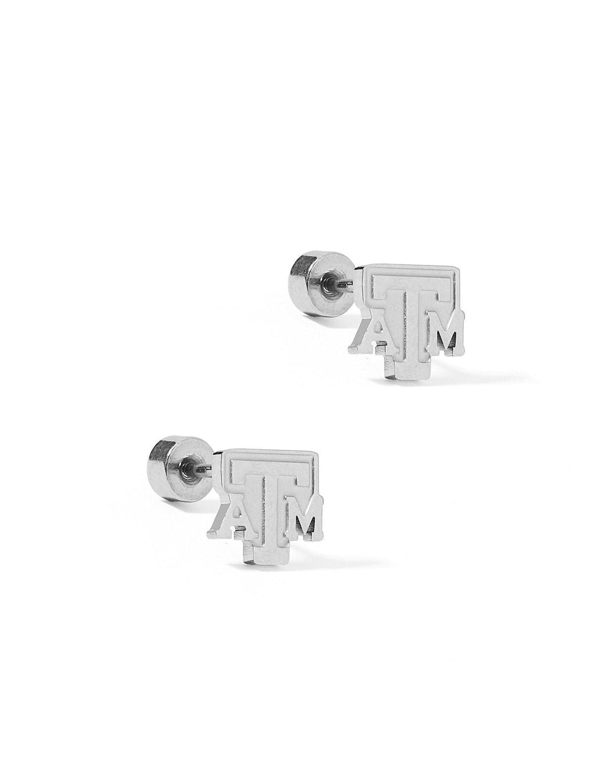 LINNY CO Texas A&M Logo Silver screwback stud earrings for kids & little girls — hypoallergenic, waterproof stainless steel with secure screwback backs, side angle.
