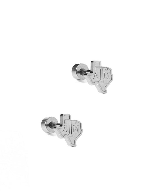 LINNY CO Texas A&M State Logo Silver screwback stud earrings for kids & little girls — hypoallergenic, waterproof stainless steel with secure screwback backs, side angle.