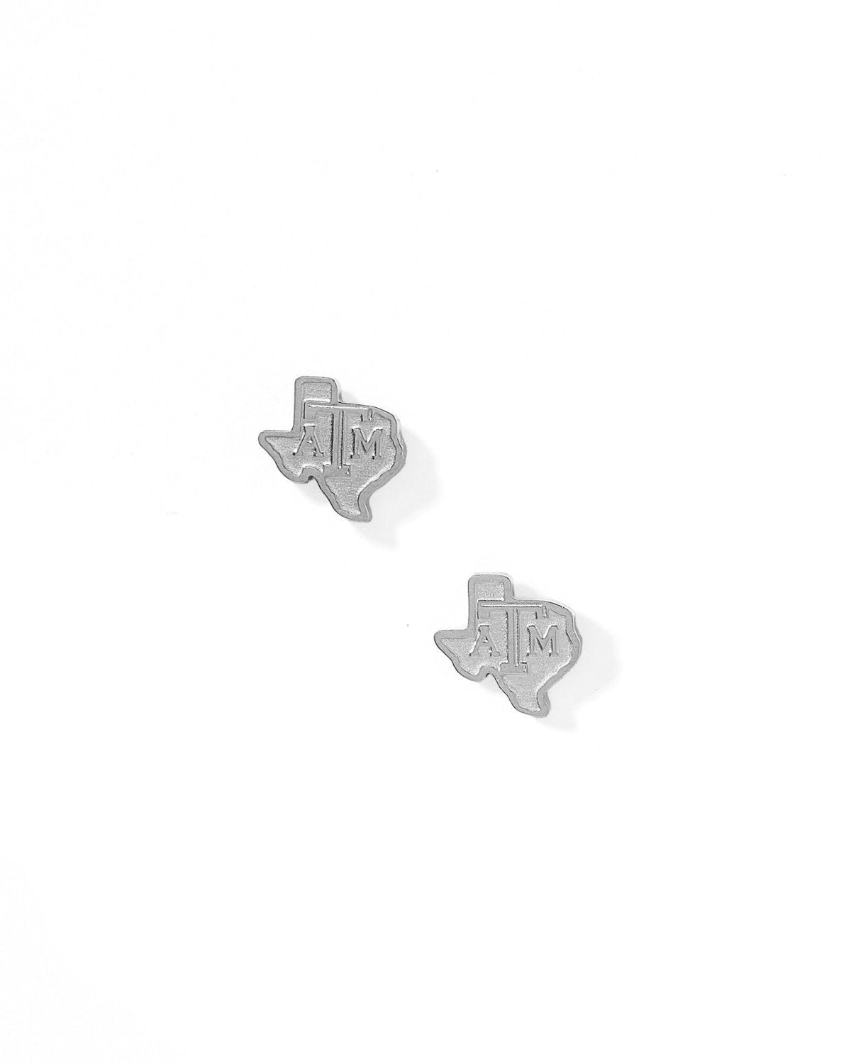 LINNY CO Texas A&M State Logo Silver screwback stud earrings for kids & little girls — hypoallergenic, waterproof stainless steel with secure screwback backs, front view.