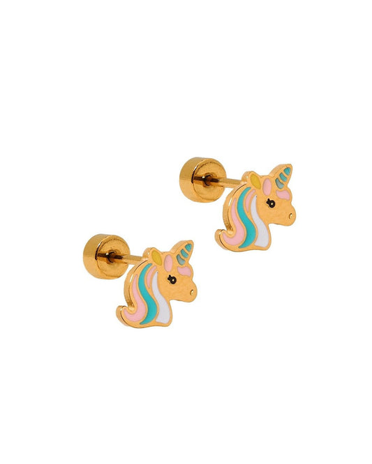 LINNY CO Unicorn screwback stud earrings for kids & little girls — hypoallergenic, waterproof stainless steel with secure screwback backs, side angle.