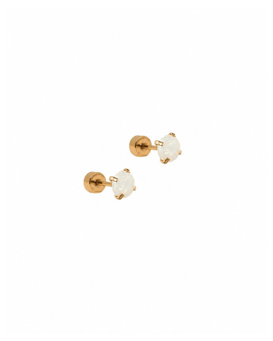 LINNY CO Venus Opal White screwback stud earrings for kids & little girls — hypoallergenic, waterproof stainless steel with secure screwback backs, side angle.