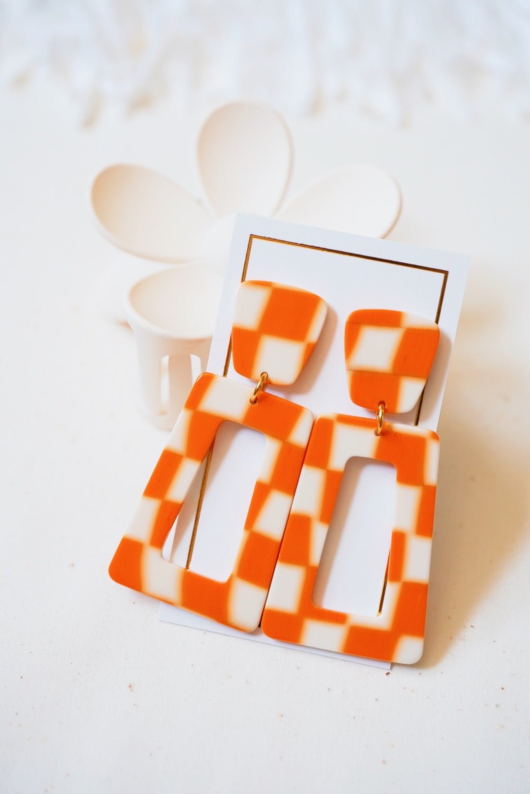 Kennedy Statement Earrings - Orange Checkered - LINNY CO WholesaleAcetate