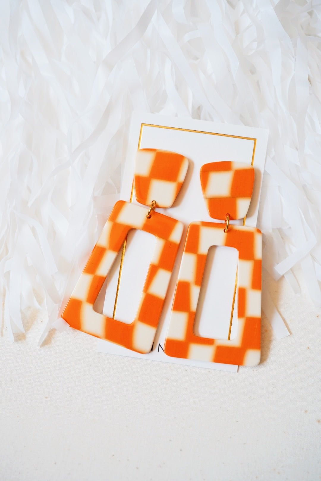 Kennedy Statement Earrings - Orange Checkered - LINNY CO WholesaleAcetate