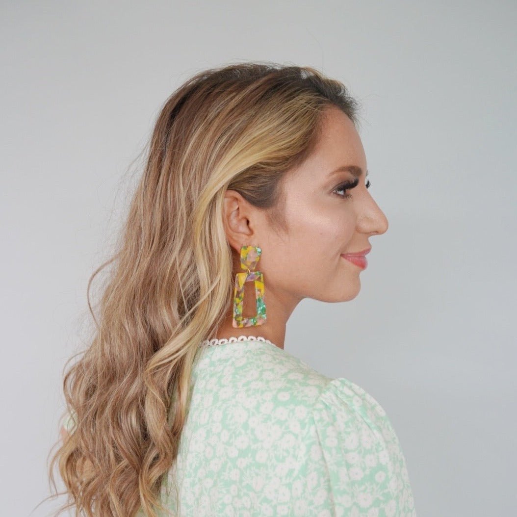 Kennedy Statement Earrings - Pink - Green Confetti - LINNY CO WholesaleAcetate