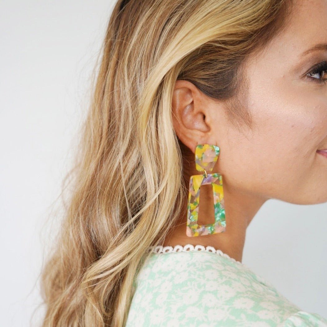 Kennedy Statement Earrings - Pink - Green Confetti - LINNY CO WholesaleAcetate